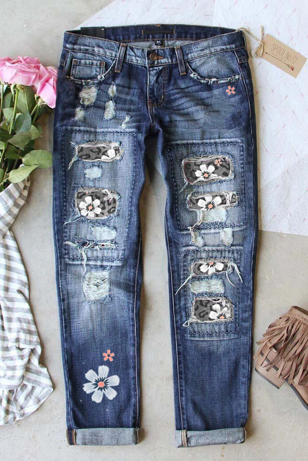 Sky Blue Floral Leopard Print Patchwork Distressed High Waist Jeans