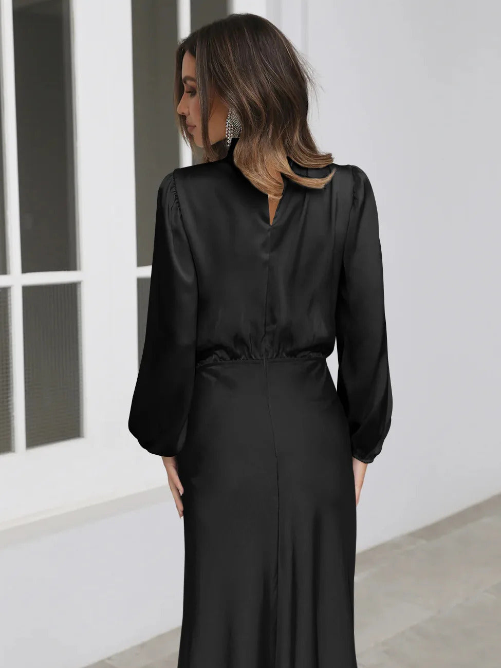 2024 Autumn Evening Women Satin Dress Black Long Lantern Sleeve Sexy Elegant Dresses Female Fashion Casual Party Vestidos Clothe