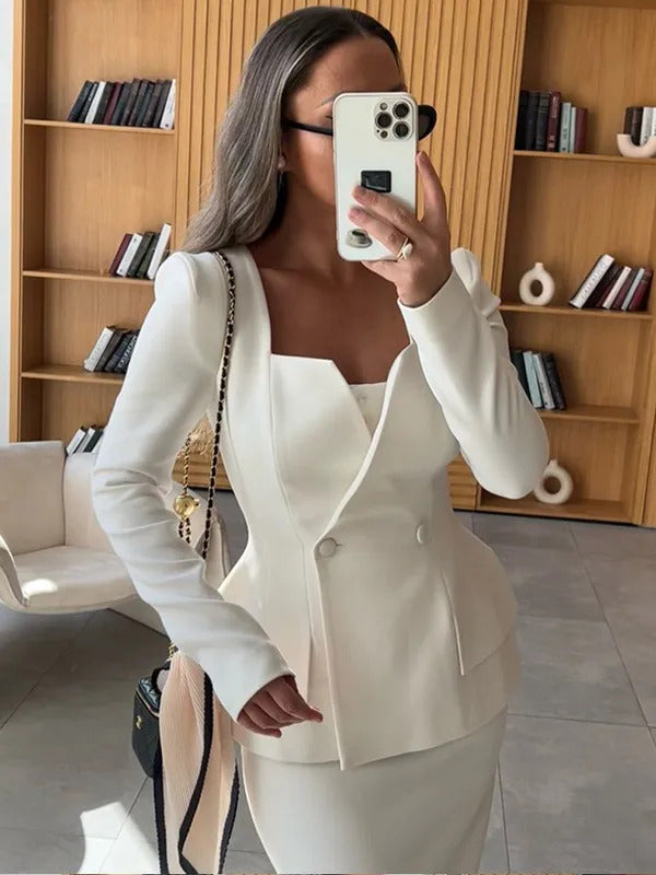 Elegant White Square Collar Long Sleeve High Waist Top Skirt Set Women Fashion Solid Slim Fit Suits 2025 Lady Chic Party Outfits