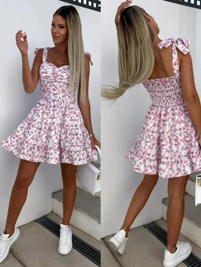 2024 Womens Strappy Short Swing Sun Dresses Ladies Summer Bohemian Floral Print Beach Mini Floral Skater Dress