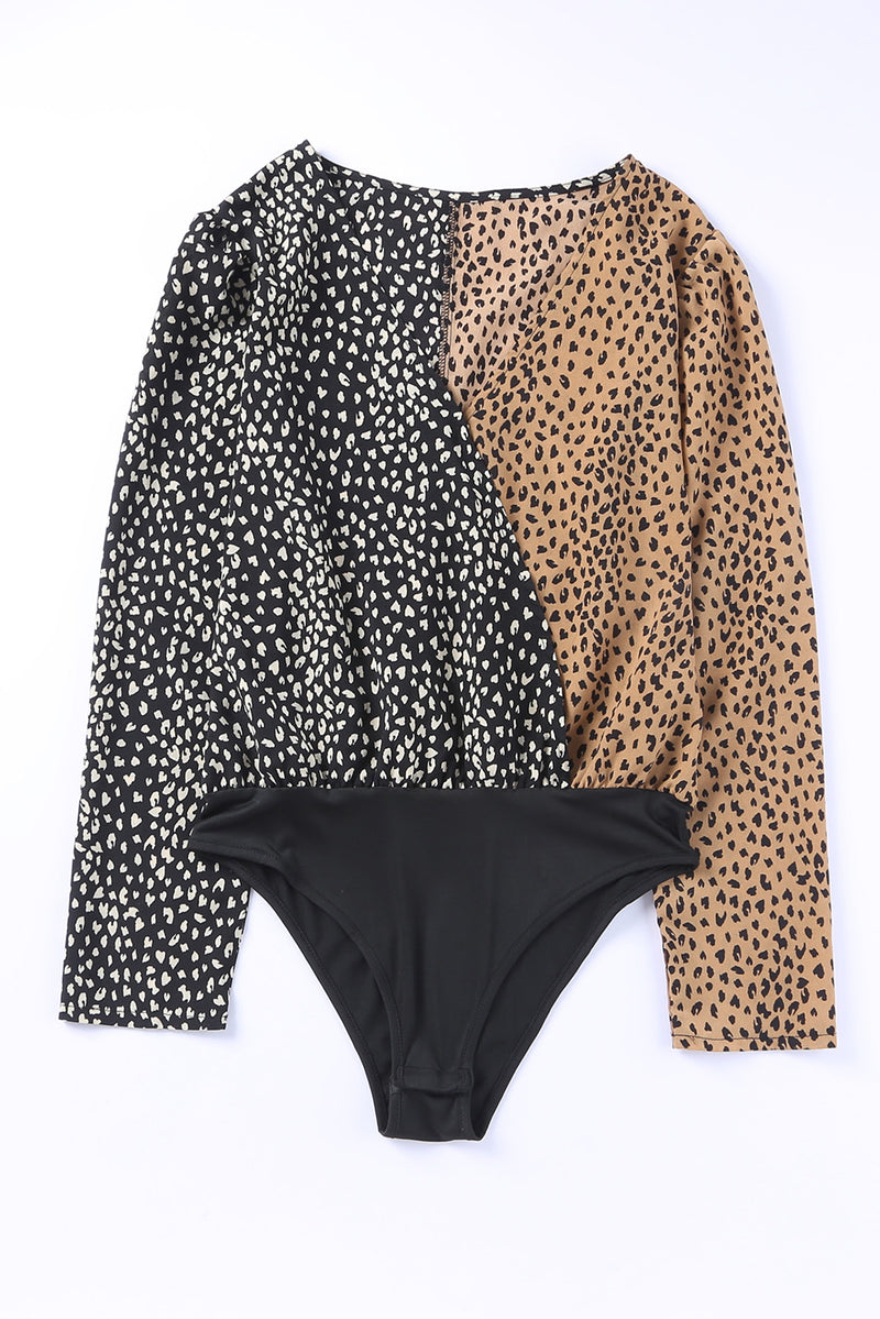 Spliced Leopard Print Wrap Long Sleeve Bodysuit