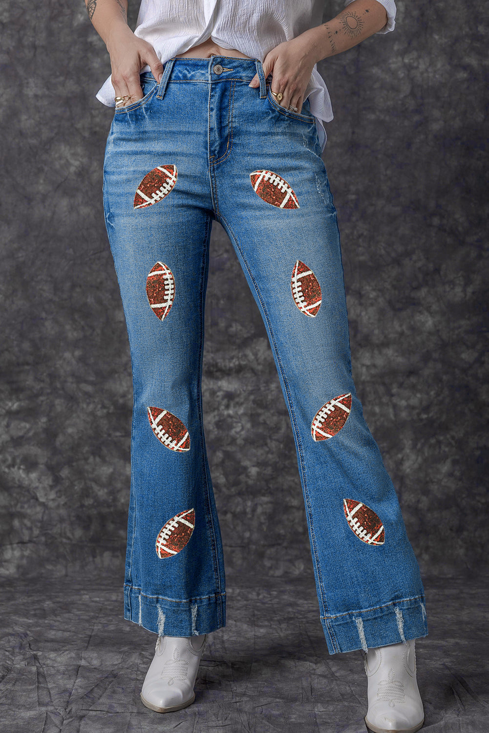 Sky Blue Sequin Rugby Football Pattern High Waist Distressed Flare Jeans