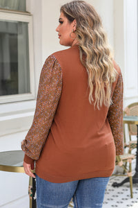 Brown Plus Size Printed Splicing Sleeve Ribbed Trim Sweater