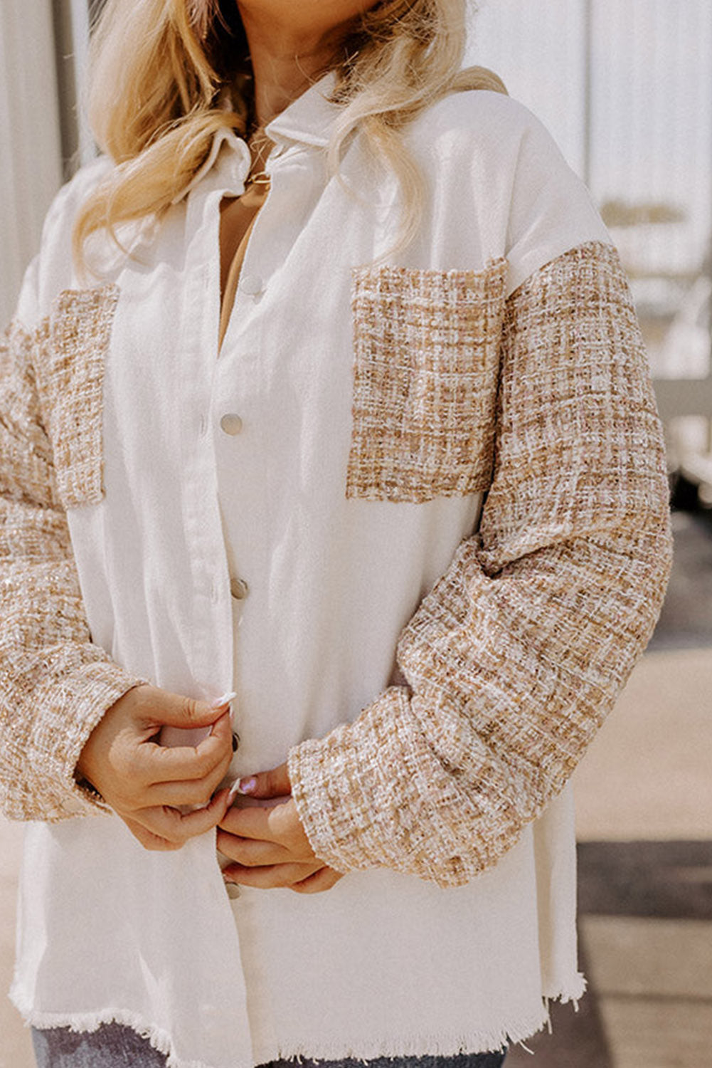 White Plus Size Tweed Patchwork Raw Hem Jacket