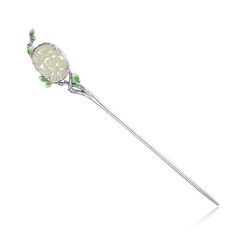 New style inlaid branches wrapped around natural Hetian jade Hanfu hairpin ladies retro fresh charm silver jewelry