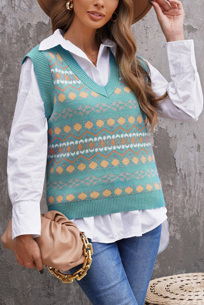 Sky Blue Tribal Print V Neck Knitted Sweater Vest