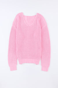 Pink Ribbed Knit V Neck Sweater