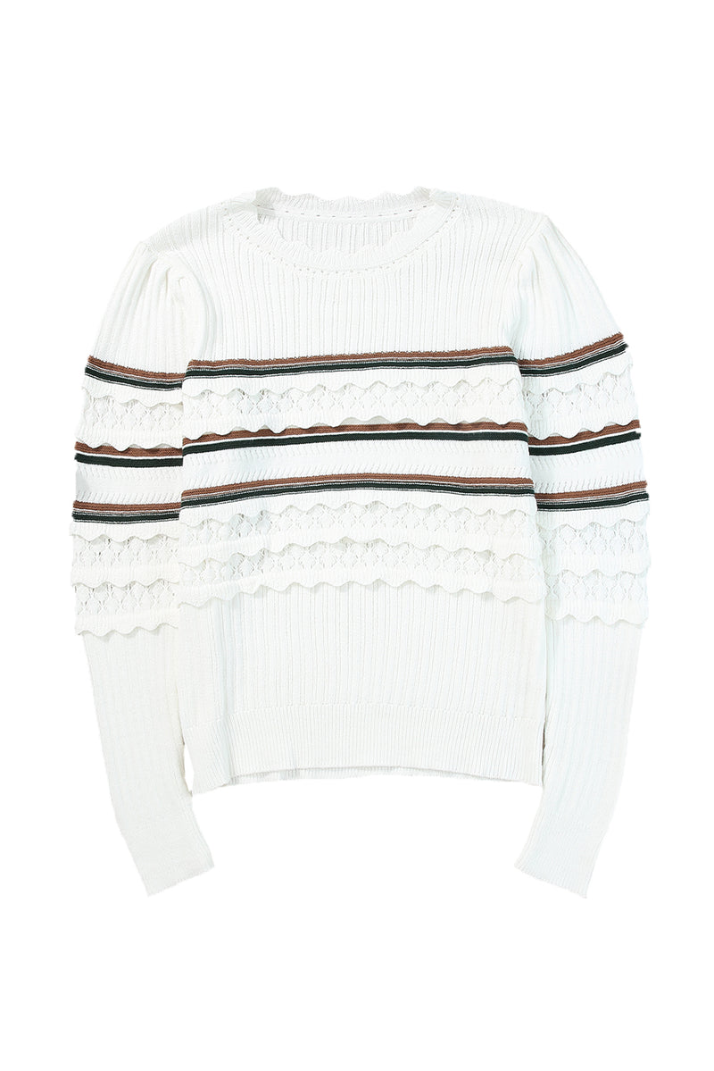 White Striped Ribbed Scalloped Detail Knit Sweater