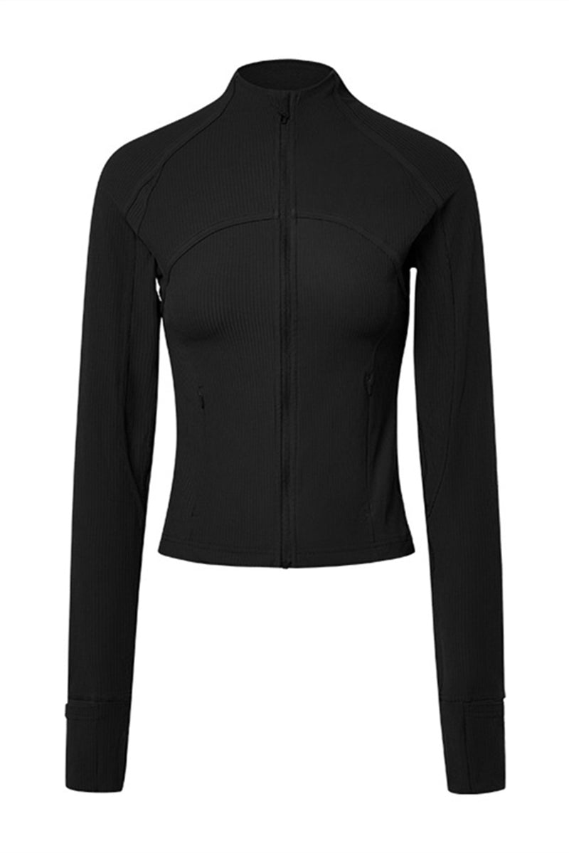 Black Ribbed Stitching Thumbhole Sleeve Zip Up Active Top