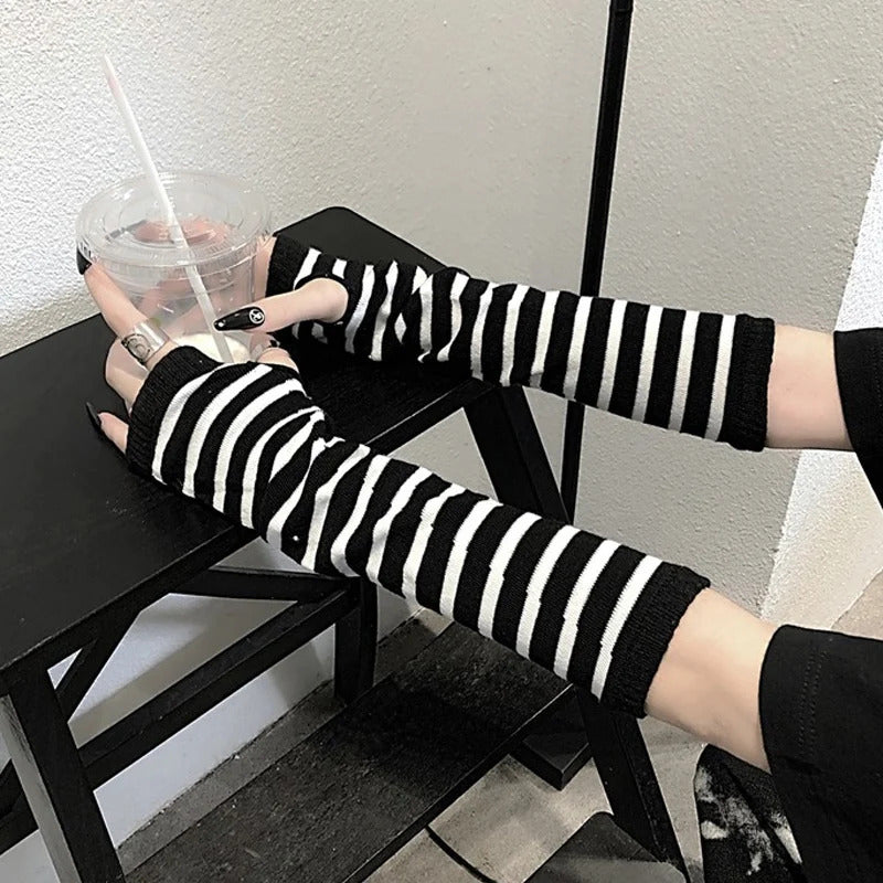 Punk Long Sleeves Fingerless Gloves Cuff for Women Men Stripe Hip-Hop Knitted Elbow Mittens Elastic Winter Arm Warmer Outdoor