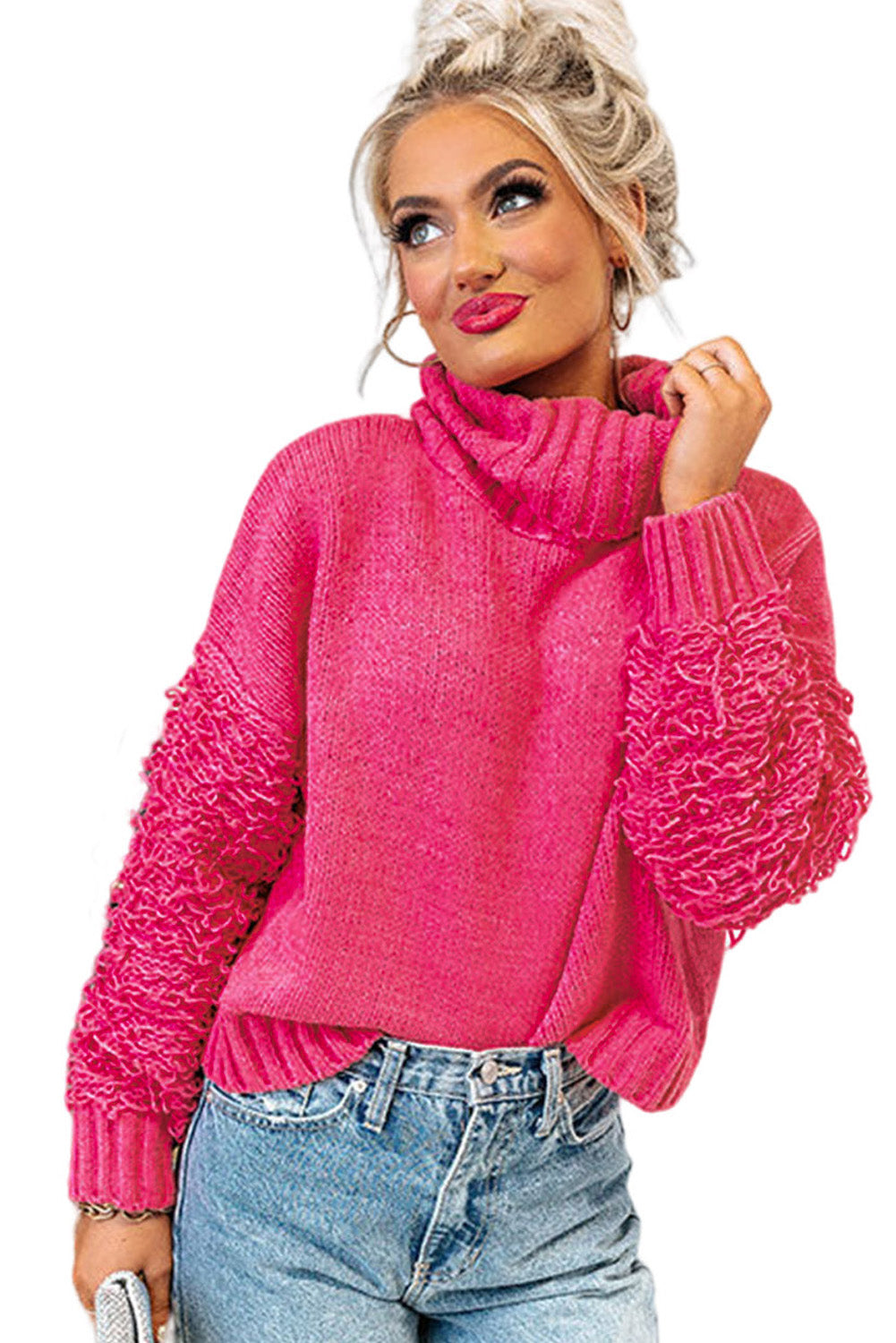 Pink Ribbed Turtleneck Fuzzy Sleeve Knit Sweater