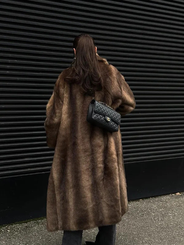 Women's Dark Brown Faux Fur Warm Long Coat Single Breasted Oversized Thickened Overcoat Winter Fluffy Plush Female Outerwear