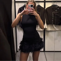 Elegant Feather Patchwork Short Party Dress Women Slim O-neck Sleeveless High Waist Female Dresses 2024 Lady Sexy Evening Robes