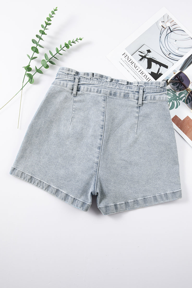 Beau Blue Ruffled High Waist Flap Pockets Denim Shorts