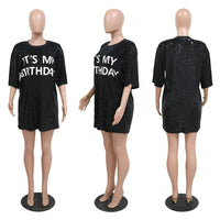 Summer Women 2023 Casual It's My Birthday Letter Print Glitter Sequins Party Dress Half Sleeve Loose O Neck T Shirt Dress Black