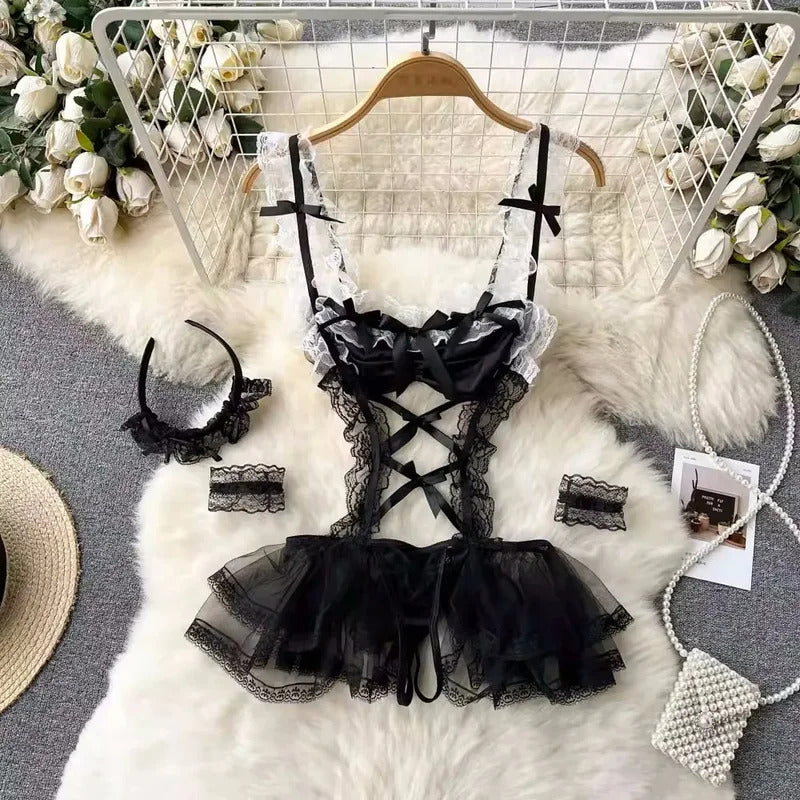 Dropped Waist Women's Sexy Sweet Nurse Cosplay Uniform Lingerie Set Revealing Neckline Lace Trimmed Nightgown Costume Dresses