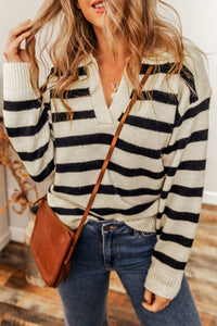 Apricot Striped Knit Drop Shoulder Collared V Neck Sweater