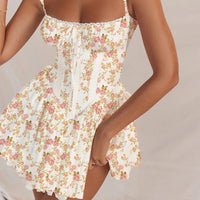 Sexy Lace Floral Print Mini Dress Hot sweet Sleeveless White Dresses Female Elegant Square Collar Backless Ballet Party Vacation