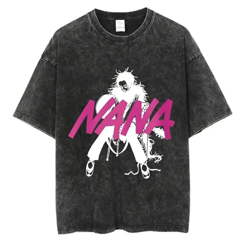 Japanese Anime Nana Osaki Print Retro Washed Plus Size T-shirt Harajuku Streetwear Graphic T-shirt Short-sleeved Cotton T-shirt