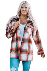 Fiery Red Turn down Neck Plaid Pocket Button Closure Coat