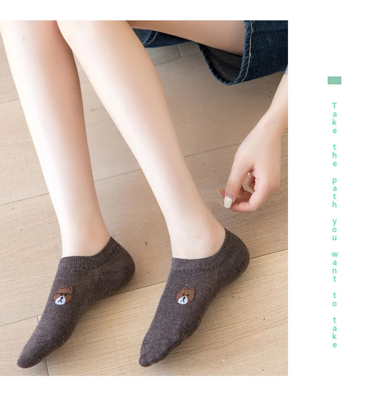 3/5/6/10 Pairs of WOMEN and MEN Cotton Socks, Casual Breathable Short Socks, and Girls' Cartoon Bear Low Cut Ankle Boat Socks