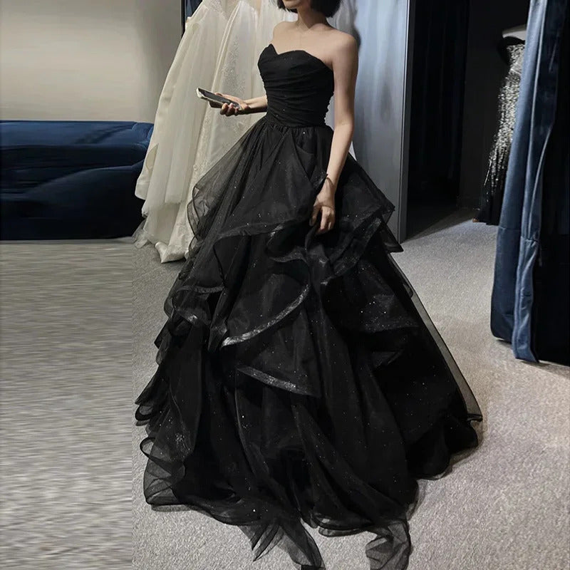 Customized Temperament Black Elegant Wedding Party Dresses Strapless Tiered Draped Prom Robe 2024 New Ball Gown Formal Dress Wom