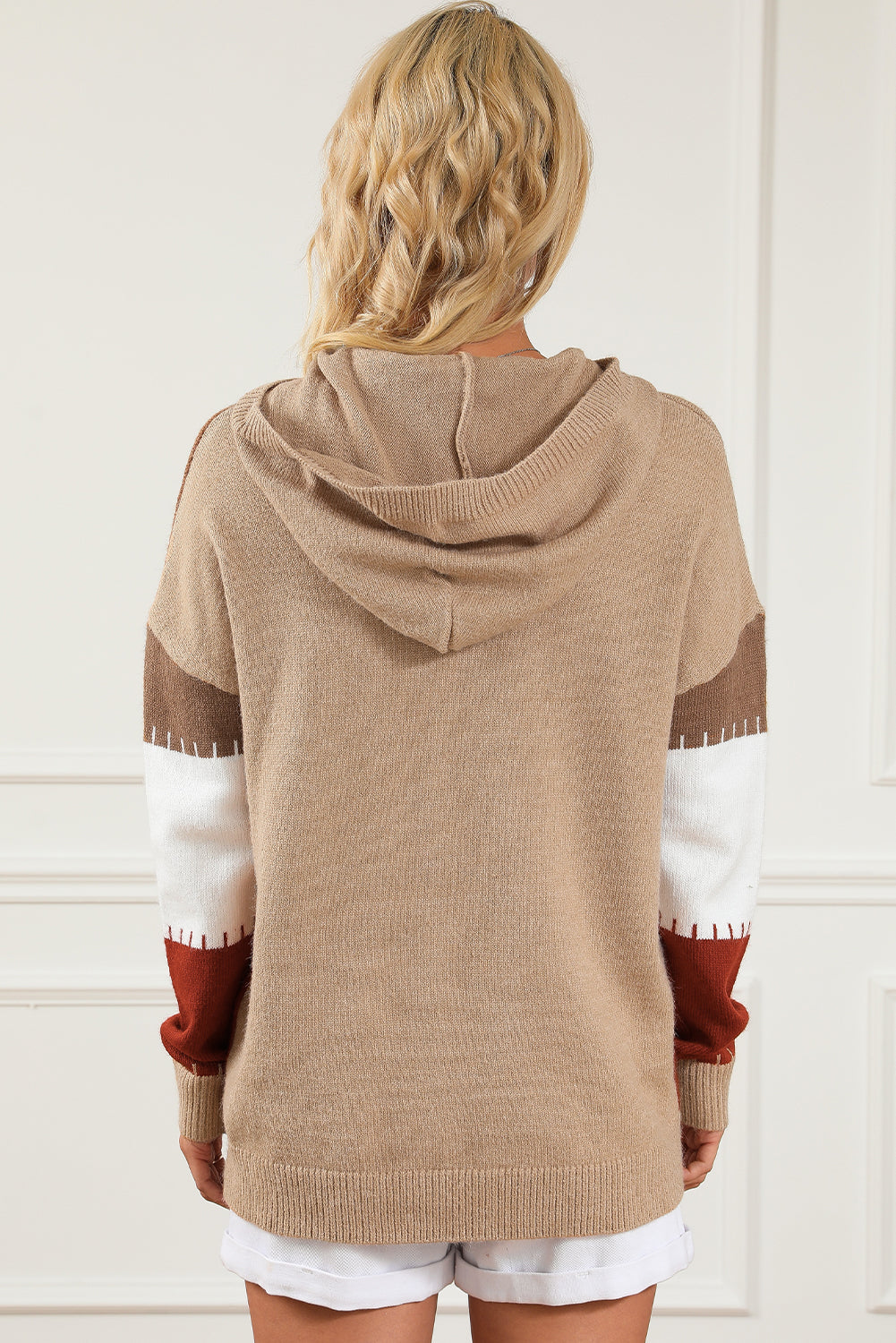 Brown Color Block Kangaroo Pocket Hooded Sweater