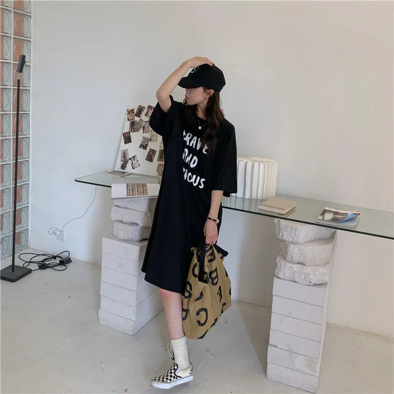 Harajuku Graphic White Long Dress Woman Clothing Y2k Casual Short Sleeve O-Neck Korean Fashion Summer Womens Loose Dresses 2024