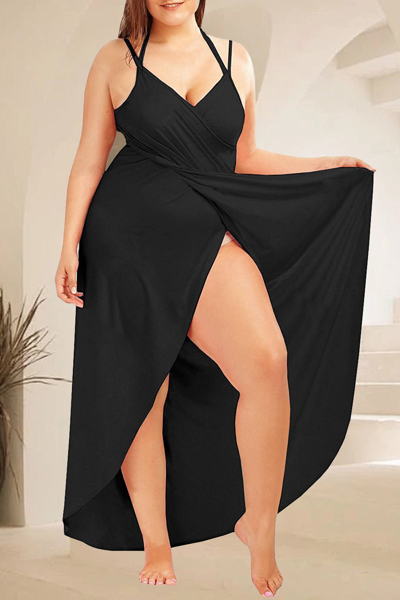 Black Spaghetti Straps Wrapped Plus Size Beach Cover Up