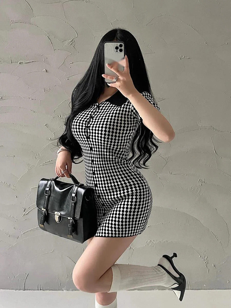 American Style Diamond Checkered Lapel Single Breasted Slim Short Sleeved Dress Elegant Tight Thin Dress T Shirt Mini Dress X0P7