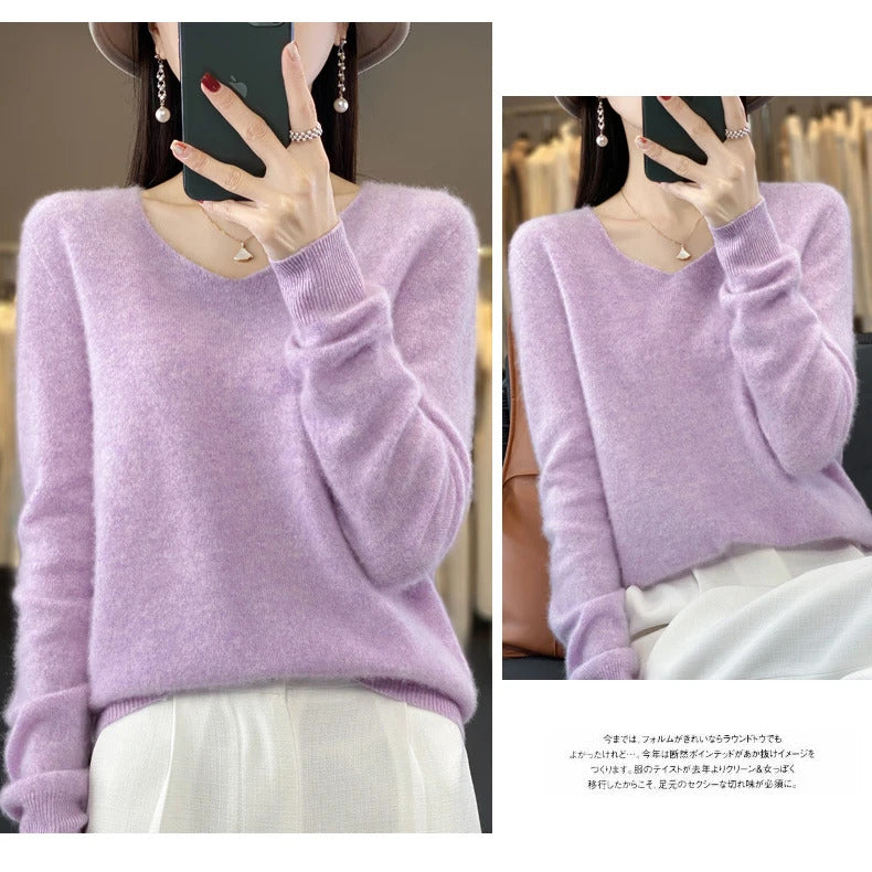 100% pure wool cashmere sweater women's V-neck pullover casual knit top autumn and winter women's coat Korean fashion