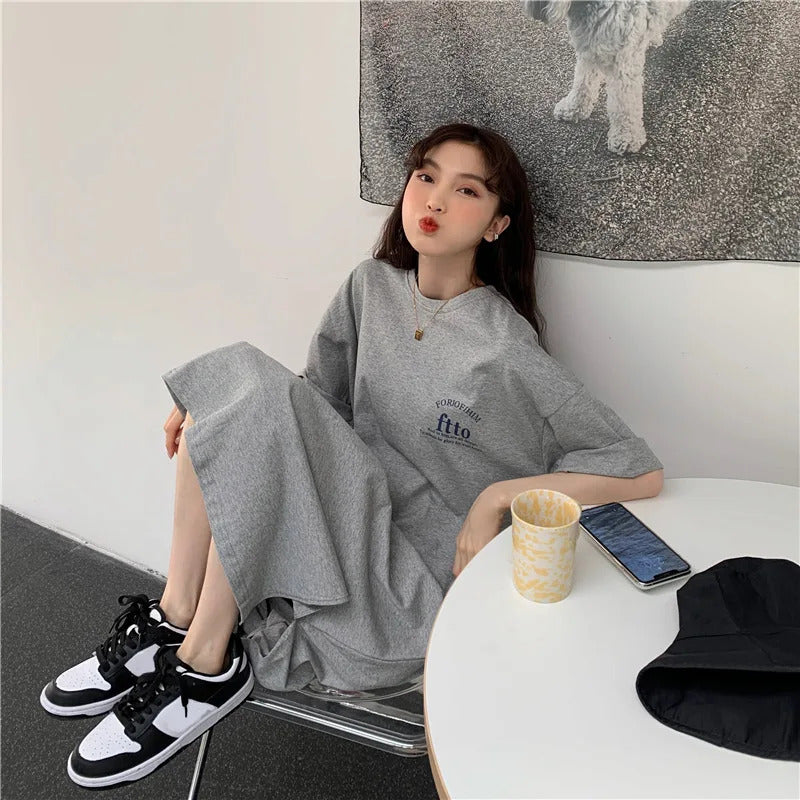 1 Piece plus Size WOMEN'S Loose Split Knee-length T-shirt Dress Casual Simple Fashionable Letter Print Nightgowns