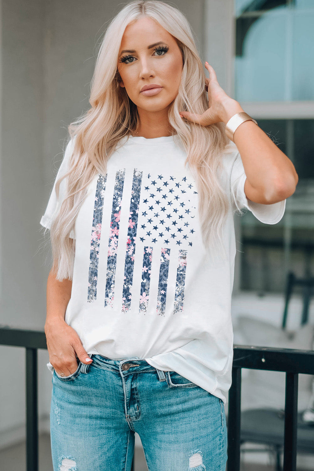 White Floral American Flag Graphic Tee