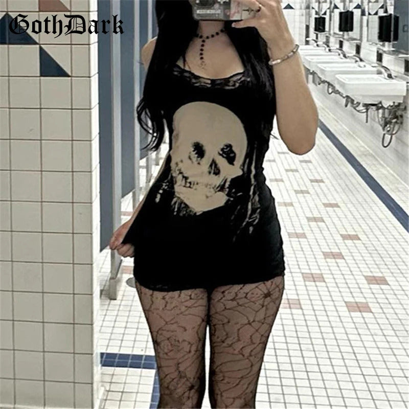 Goth Dark Streetwear Anime Skull Print Straps Mini Dress Fairy Lace Stitch Club Outfits Slim Sexy Bodycon Dresses Mall Gothic