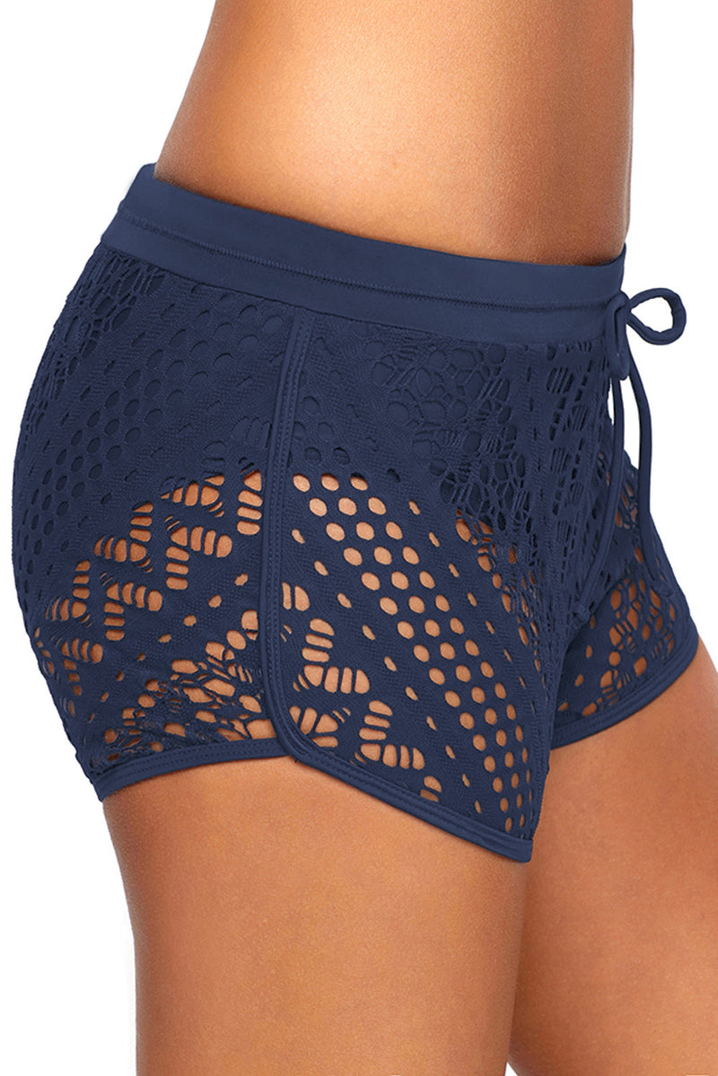 Blue Hollow Out Lace Overlay Swim Short Bottom