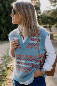 Sky Blue Tribal Print V Neck Knitted Sweater Vest