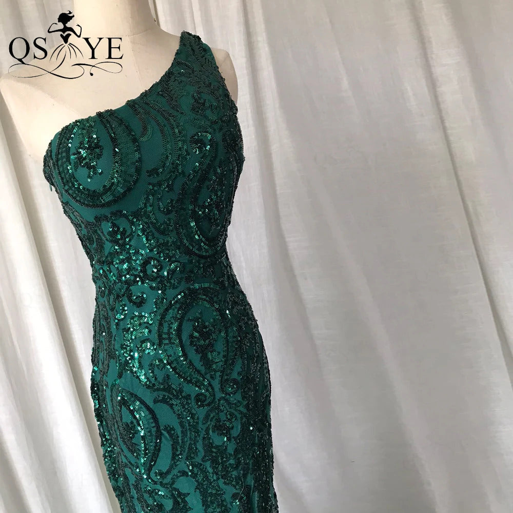 One Shoulder Emerald Evening Dresses Green Sequined Long Mermaid Prom Gown Glitter Elegant Party Dress Pattern Lace Formal Dress