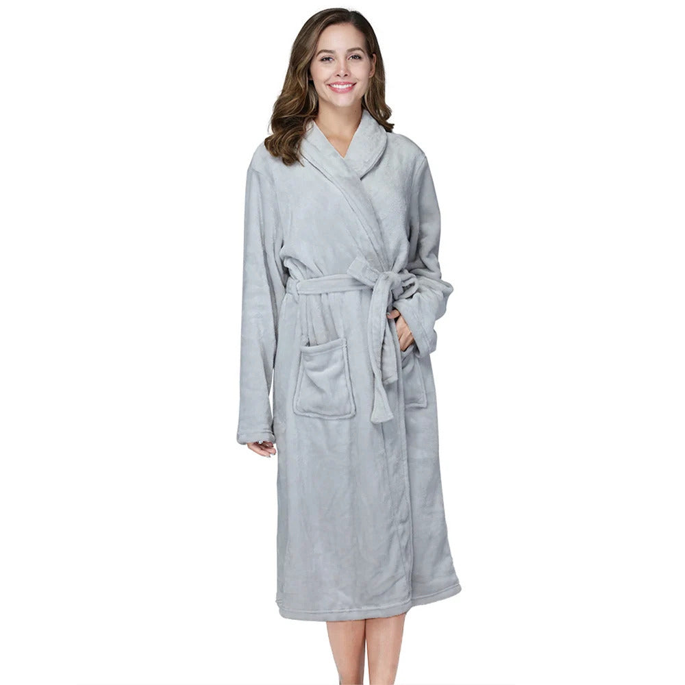 RONGTAI Women's solid color lapel bathrobe autumn and winter models facecloth warm and comfortable long-sleeved robe homewear