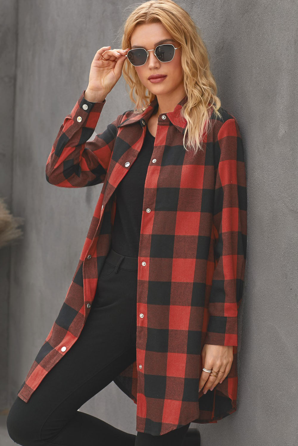 Blue Turn-down Collar Plaid Shirt Jacket