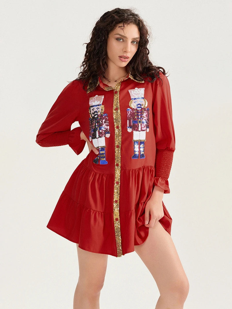 Women Sequin Christmas Nutcracker Shirt Dress Holiday Party Santa Sweatshirt Dresses Long Sleeve Tiered Mini Sundress for Prom