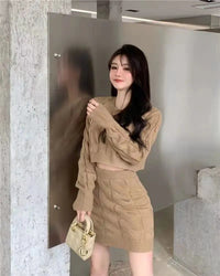 Two Piece OF Pullover Autumn/Winter Knitted Sweater Set Pure Desire Short Sweater Sexy Spicy Girl Arm Wrap Skirt Sweater Female