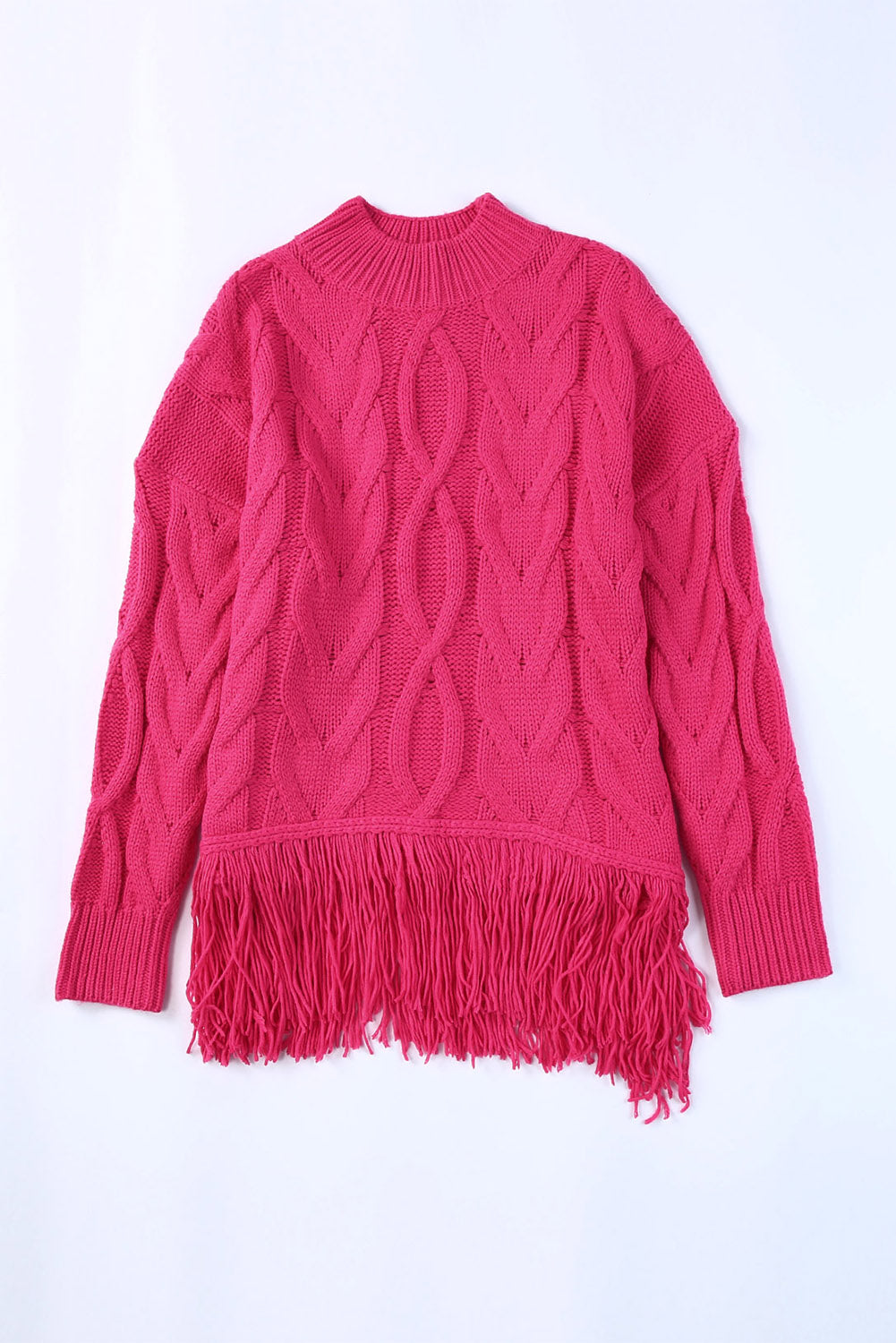 Rose High Neck Cable Knit Tasseled Sweater