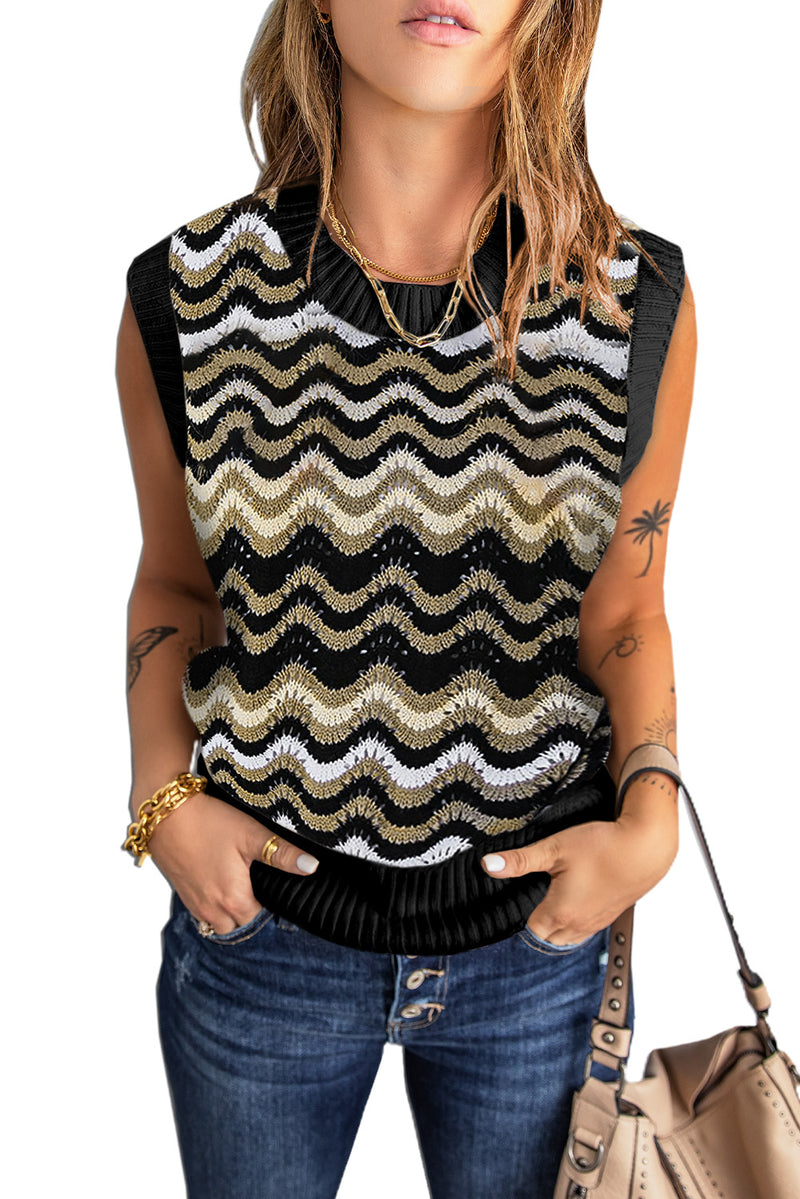 Black Wavy Stripes Knit Vest Pullover Sweater