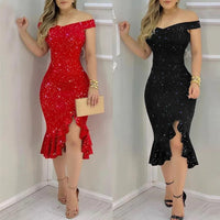 Women's Dress Sexy Summer Off Shoulder Short Sleeve Sequin Ruffle Irregular Dresses Chiffon Dress