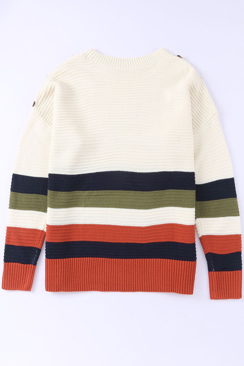 White Buttoned Shoulder Drop Shoulder Striped Sweater