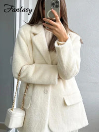 Loose Mohair Blazer Coats Women Chic Lapel Single-breasted Long Sleeve Suit Jackets 2024 Autumn winter Commute Outerwears Lady