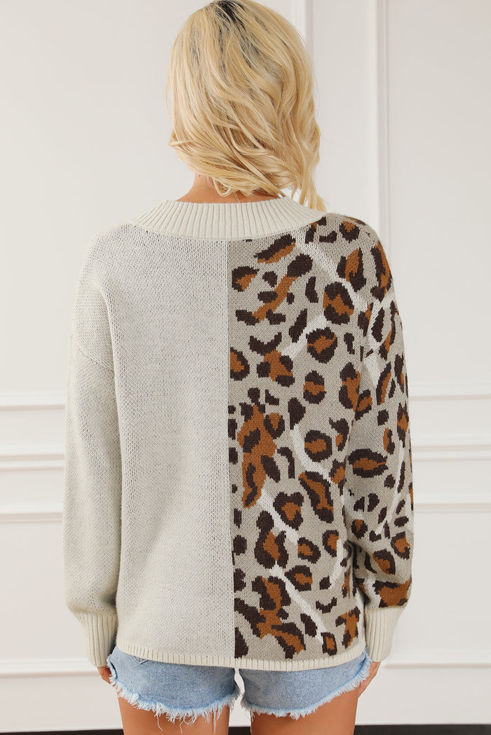 Leopard Color Block V Neck Drop Shoulder Knit Sweater