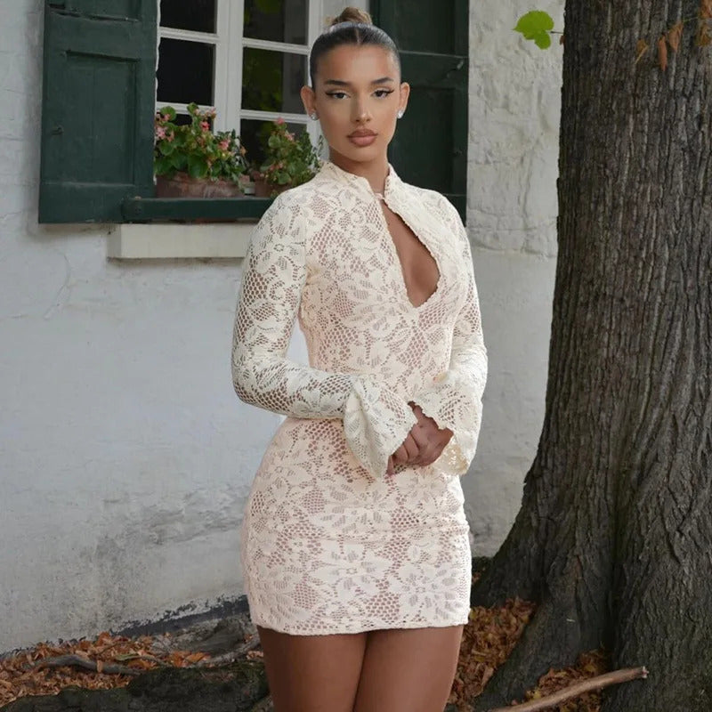 Mozision Lace Hollow Out Long Sleeve Sexy Mini Dress For Women Fashion Half High Collar Bodycon Club Party Dress Elegant Dresses