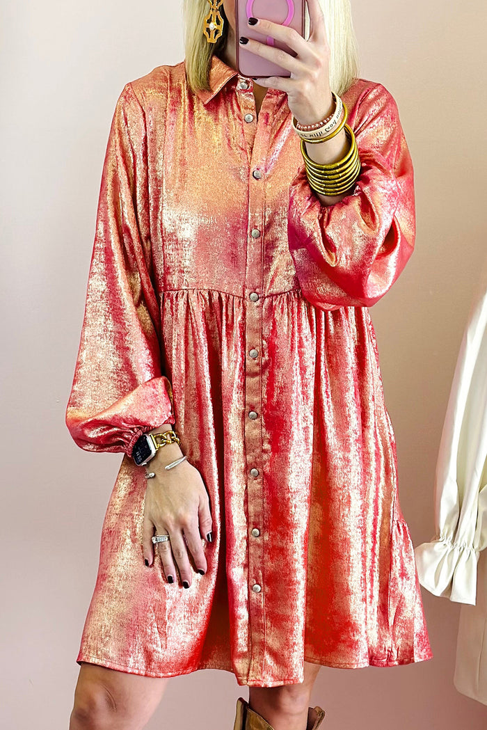 Peach Blossom Metallic Sheen Puff Sleeve Button Up Mini Shirt Dress