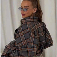 Clacive Fashion Baggy Plaid Women'S Blouse Elegant Lapel Long Sleeve Shirts And Blouses Vintage Pocket Lace-Up Top Female